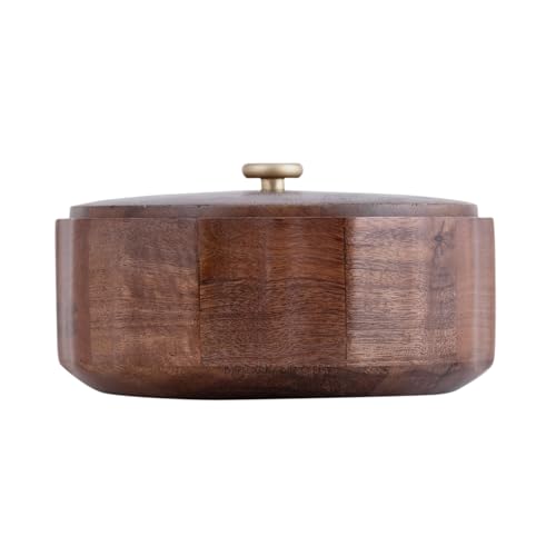Image of Brick Brown Anant Wooden Roti Box with Lid | Solid Wood Chapati Box for Kitchen & Dining | Designer Roti Casserole & Roti Hot Pot Case | Faceted Roti Dabba Server | Storage Container (8x8x4 Inch)