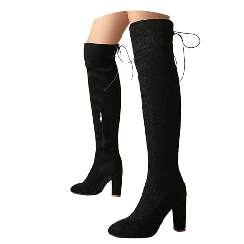 Botas de vaquera con diamantes de imitación para mujer, con cremallera lateral, tacón grueso, punta puntiaguda, botas elegantes, Black, 36 EU