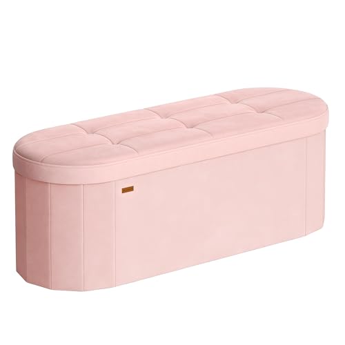 SONGMICS Mazie Collection - Folding Ottoman with Storage Oval Storage Ottoman Bench for Living Room Bedroom Velvet Fabric 15 x 43 x 15 Inches Jelly Pink ULSF297SA01