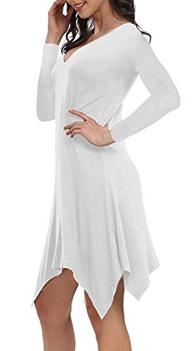 KSHUN Women's Long Sleeve T-Shirt Dress Casual Loose V Neck Tunic Dress White,US 8-10