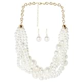 Ufraky Fashion Faux Pearl Statement Chunky Bib Choker Necklace and Earring Set for Women Gift