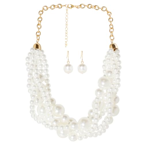 Ufraky Fashion Faux Pearl Statement Chunky Bib Choker Necklace and Earring Set for Women Gift