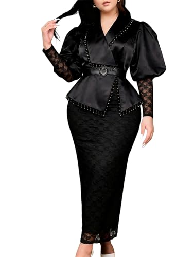 Image of ONTINVA Women's Floral Lace Long Sleeve Patchwork Mesh Slim Pencil Midi Dress