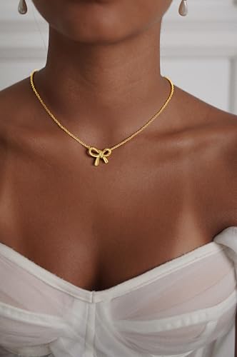 Dainty Bow Gold Necklaces for Women Non Tarnish - 14k Gold Plated Pendant Necklace Trendy Cute Simple Statement Charm Bow Chain Necklace Gold Jewelry for Women Birthday Christmas Gift2