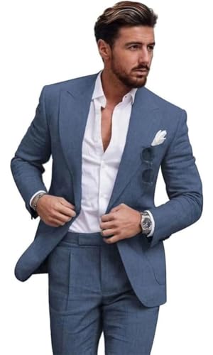 Linen Suit for Men 2 Pieces Slim Fit Casual Suits Groomsmen Tuxedos Wedding Party Blazer Pants Set