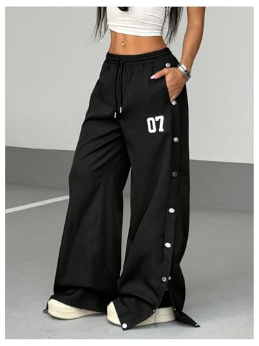 Verdusa Women's Number Graphic Wide Leg Pants Drawstring Waist Button Side Baggy Trousers3