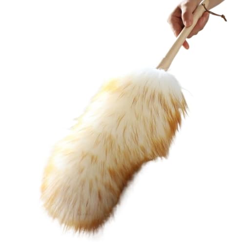 Eculcki ほこり はたき ほこり取り 羊毛のホコリ取り ウールダスター ほうき ハンディモップ 掃除道具 部屋掃除 家庭用 車用 埃払い 埃取り はたき ダスター ナチュラル 天然木の柄 ふわふわ おしゃれ Lサイズ (イエロー,L-59)