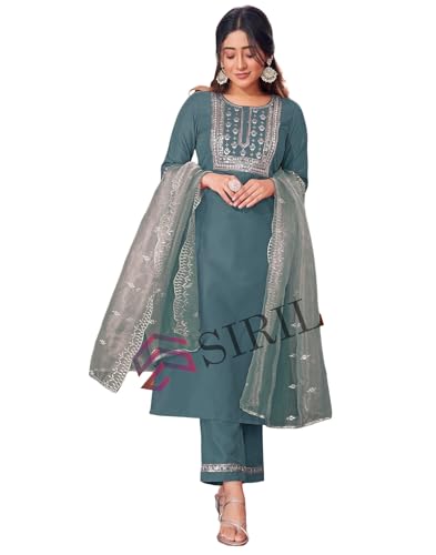 Image of SIRIL Women's Cotton Blend Sequence Embroidery Straight Kurta Pant with Dupatta Set
