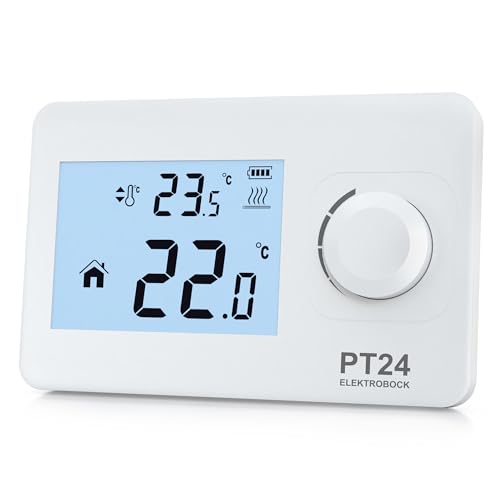 ELEKTROBOCK PT24 - Termostato de habitación con Pantalla LCD, termostato de Pared Adecuado para Todos los Tipos de calderas, Funciona con Pilas (2 x AAA), no Requiere programación, protección contra