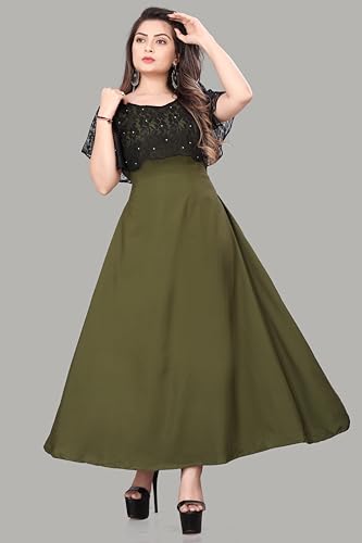 Image of Women's Poly Crepe Round Neck Plain Gown Dress