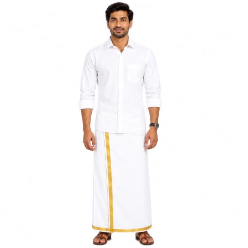 Image of Cotton Lungi for Men | South Indian Style White Dhoti /Mundu with Gold Jari Border | 2.00 Meters, Unstitched, Comfort Fit