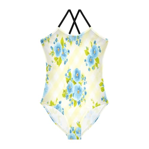 Girls Swimming Suits Beach Bathing Suit 3-10 Y with Adjustable Shoulder Strap, Light Blue Flowers Green