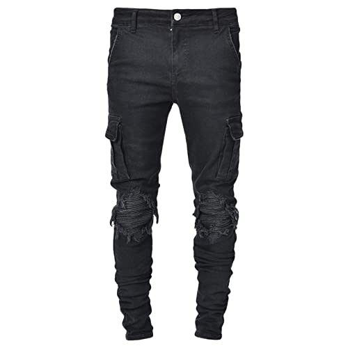 Maiyifu-GJ Men's Ripped Moto Biker Jeans Motorcycle Multi Pockets Denim Pants Distressed Skinny Holes Hip Hop Stretch Jean