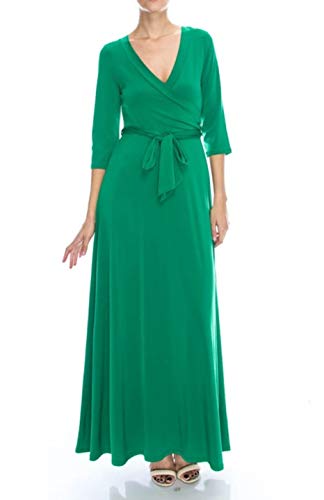 Image of Women's 3 /4 Sleeve Deep V-Neck Maxi Faux Wrap Solid Plus Size Dress