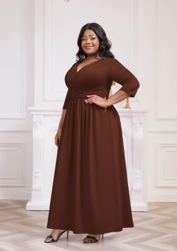 Image of Runwind Plus Size Maxi Dress 3 /4 Sleeve V-Neck Pleated Faux Buttons Pockets
