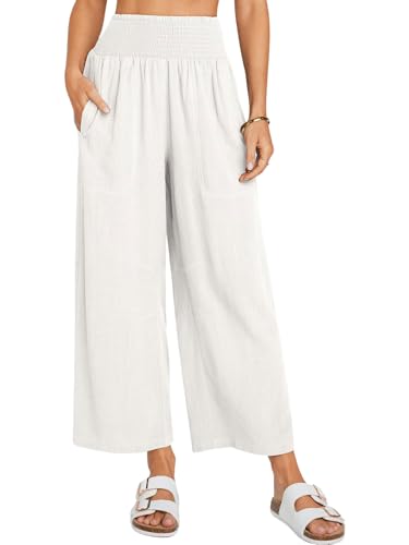 CHARTOU Women's Smocked High Waisted Palazzo Pants Baggy Cropped Wide Leg Casual Work Trousers with Pockets