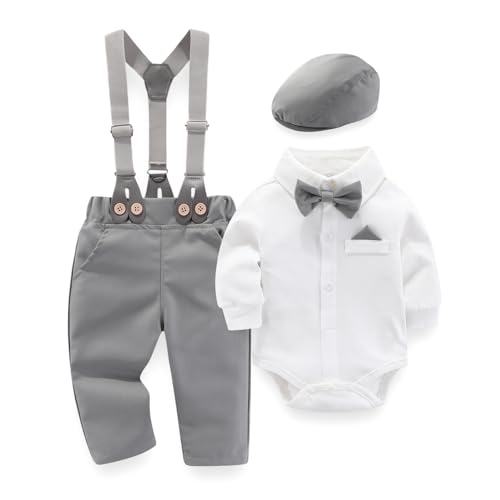 Image of Hresadio Baby Boy Clothes Suit, Infant Gentleman Outfits White Dress Shirt + Suspender Pants + Beret Hat + Bowtie 0-24M
