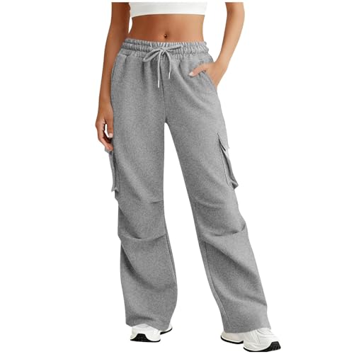 Generisch Pantalones largos de deporte para mujer, cintura alta con cintura elástica y bolsillos, Y2K pantalones holgados, pantalones largos informales, holgados, cómodos, pantalones de chándal de un