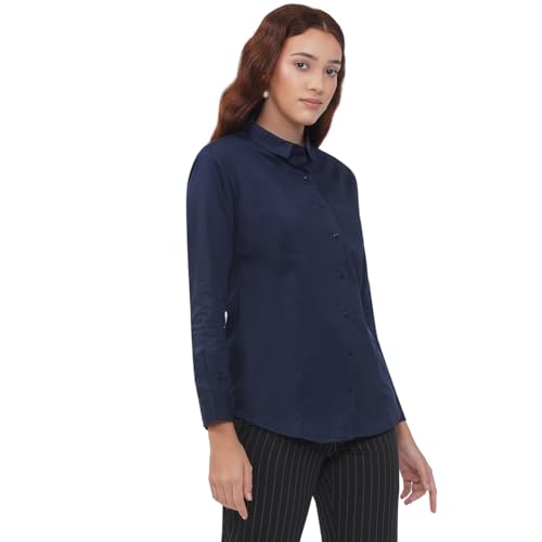 Image of Women's Cotton Solid Long Sleeve Shirt - Formal & Casual Button-Down Long Sleeve Collared Top for Office, Workwear 100% Soft Breathable Cotton Fabric