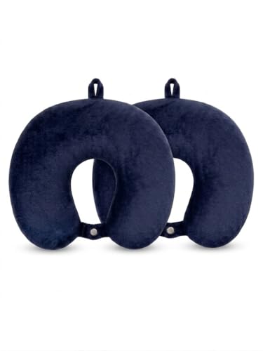 Image of Ultra Soft Travel Neck Pillow with Hanging Loop Snap Button Closure for Home Office and Airplane Flight, Bus, Car, Train Travelling Use [Blue] (Pack of 2)