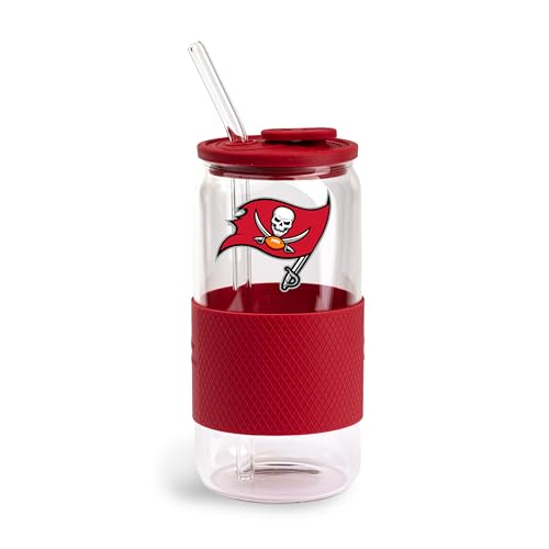 The Memory Company Officially Licensed 18oz Glass with Silicone Lid and Wrap, Tampa Bay Buccaneers