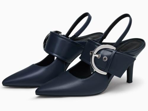 Image of Coutgo Womens Slingback Pumps Closed Pointed Toe High Heels Belt Buckle Strap Dressy Work Shoes