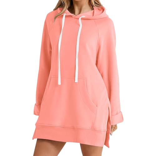 JiXiang Hoodie Dress for Women Oversized Casual Long Sleeve Split Hem Pullover Drawstring Casual Fall Loungewear with Pockets