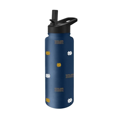 Logo Brands NCAA Notre Dame Fighting Irish Step & Repeat 34 oz Stainless Steel Quencher Bottle All Over Logo Design No-Spill Lid Easy Carry Handle - Keeps Drinks Cold For Hours