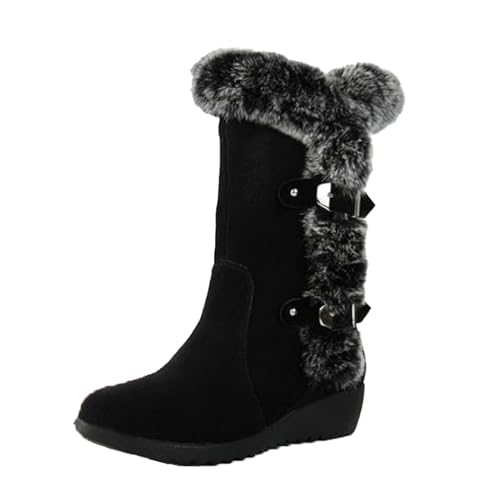 GUNIYIFS Womens Winter Snow Boots Wedge Platform Fur Lined Warm Boots Mid Calf Cotton Boots Comfortable Slip On Outdoor Shoes