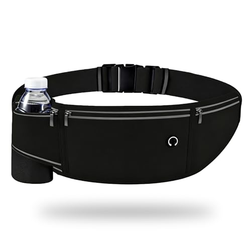Qoibraze Running Belts for Women Men Running Belt with Water Bottle Lightweight Phone Holder Waterproof Money Belt 3 Pockets Fitness Waist Bag with Adjustable Elastic Strap Fanny Pack Black