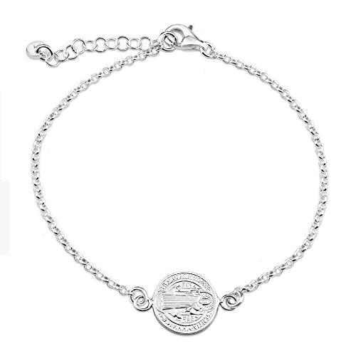 Sterling Silver Link Chain Bracelet w/Saint Benedict Double Sided Charm