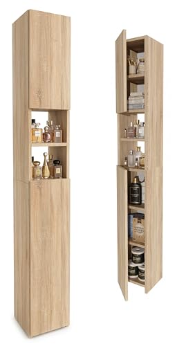 möbelkap Badezimmerschrank Eiche Sonoma 24×31×172 cm – Badschrank Hochschrank schmal, modernes Badmöbel mit Türen & offenen Fächern, viel Stauraum für Handtücher und Kosmetik