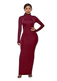 YMING Women’s Stretch Maxi Dress Plus Size Evening Dress High Neck Slim Dress Wine Red 3XL