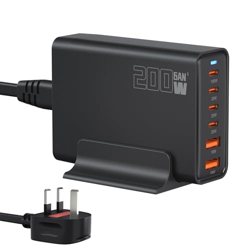 200W 6-Port USB Charging Station PD 100W 65W 45W 20W 18W USB C GaN III Charger Laptop & Phone Fast Charger Plug Compatible with MacBook Pro/Air Dell XPS iPhone 15/16/14/ Pro iPads Steam Deck