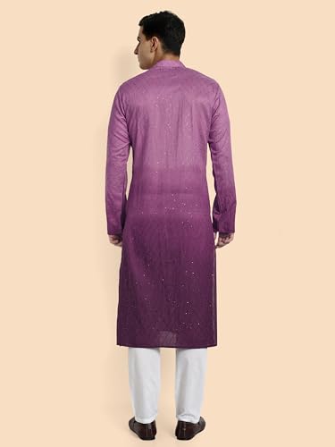 Image of Vardha Men's Cotton Chikankari Embroidered Kurta with Full Sleeves and Knee Length Design and Elegant Sequence Work | Kurta for Men