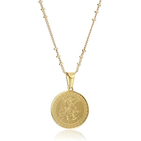 LESLIE BOULES Saint Michael Archangel Necklace 18 Inches Stainless Steel 18K Gold Plated Pendant Cover