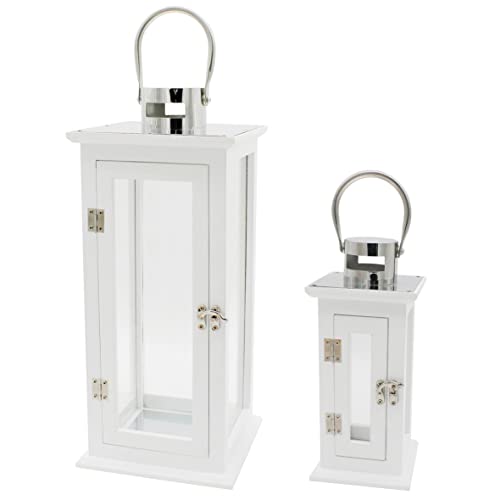CVHOMEDECO. Decorative Elegant Wood Hurricane Candle Lantern with Stainless Top and Glass Inserts for Home Patio Outdoor Decor. White, Set of 2