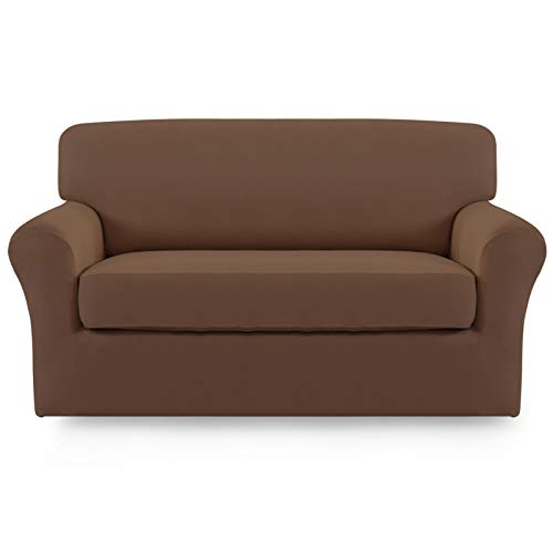 Image of Easy-Going 2 Pieces Stretch Loveseat Couch Sofa Slipcover Washable | Spandex Soft Fitted Sofa Couch Cover for Sofa Furniture Protector with Bottom Kids,Pet Dog Brown
