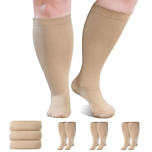 Image of Plus Size Compression Socks 20-30mmHg Wide Calf for Men Women, Extra Large Compression Stockings Support for Running, Travel, Nurses, Pregnancy (3 Pairs)