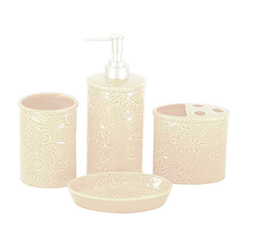 Image of Paseo Road Wyatt 9 Piece Turquoise Brown Floral Swirl Pattern Bathroom Set with Shower Curtain, Towel Set, Countertop Accessory Set, Bath Floor Rug, Southwestern Rustic Lodge Style