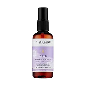 Tisserand Massage and Body Oil – Natural Essential Oils Blend of Lavender, Bergamot, and Patchouli – Enriched with Vitamin E – Real Calm – 3.38 oz