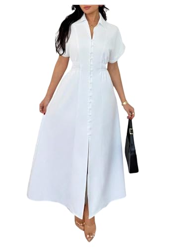 OYOANGLE Women's Short Sleeve Button Up Long Shirtdress Ruched Collar Business Casual...