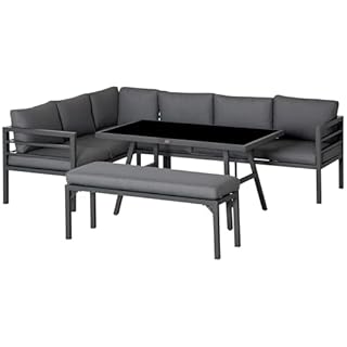 Outsunny 4 Piece L-shaped Garden Furniture Set 8-Seater Aluminium Outdoor Dining Set Conversation Sofa Set w/Bench, Dining Table & Cushions, Grey