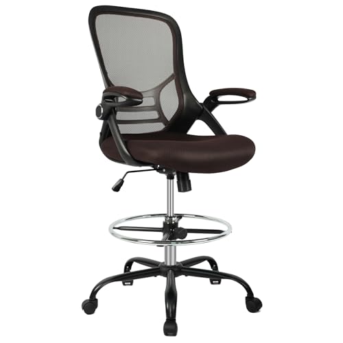 HYLONE Drafting Chair, Tall Office Chair Standing Desk Chair Brown Mesh High-Back Drafting Stool with Flip-Up Arms, Adjustable Foot Ring, Brown