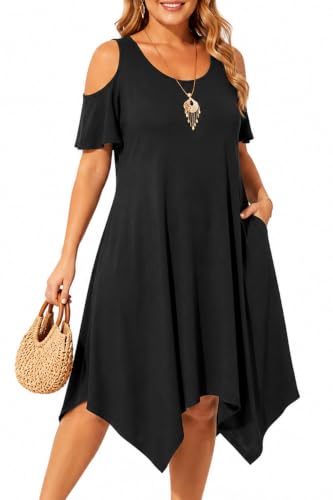 Image of Pinup Fashion Plus Size Summer Sundress Casual Flowy Cold Shoulder Dress