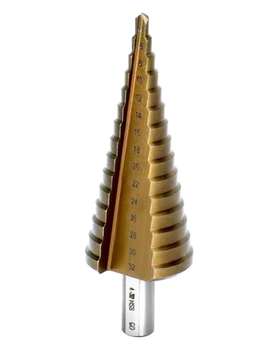 QWORK® M35 HSS Broca escalonada de cobalto de 4-32 mm, broca cónica robusta para acero inoxidable/hierro/aluminio/plástico/madera - vástago triangular de 10 mm