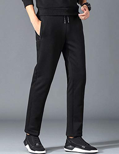 Yeokou Mens Winter Warm Sherpa Lined Active Thermal Jogger Fleece Sweatpants Pant (Large, Style12Black-Straight Leg) #TOP1