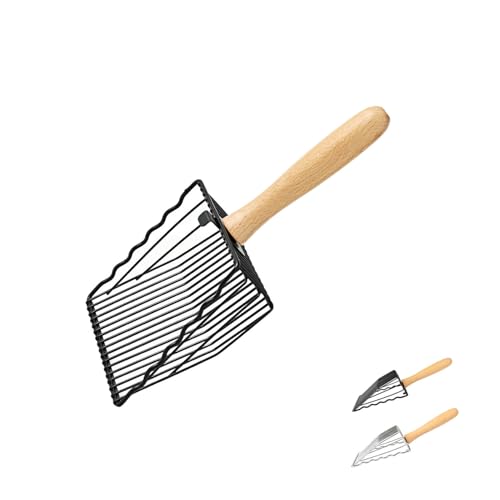 WePet Premium Metal Cat Litter Scoop, 5X Faster Speed Sifter, Heavy Duty Steel Kitty Scooper, Beech Wood Handle, for All Litter Types, with Black Matt Finish