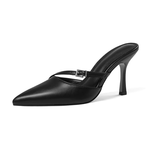 femflame Black Kitten Heels Mules for Women Stiletto Heels Pointed Toe Dress Slingback Sandals Fashion Pumps with PU Leather Metal Buckle Strap for Daily Dressy Wedding Party