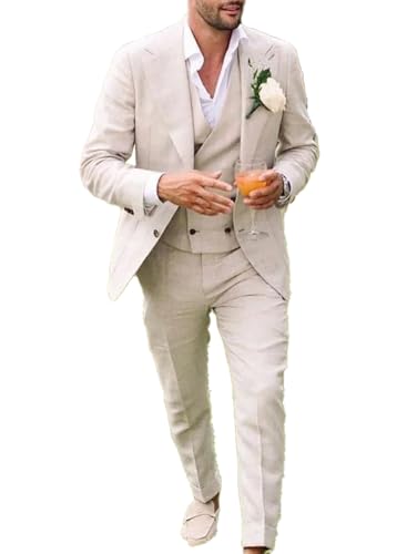 Conjunto de traje de lino para hombre, esmoquin casual, 3 piezas, ajuste regular, chaqueta, chaleco y pantalones para graduación, boda, beige, 46
